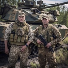 Soldiers proudly stand in front of their battle tank