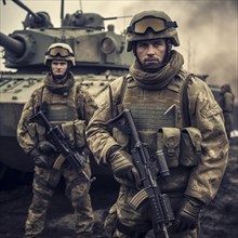 Soldiers proudly stand in front of their battle tank