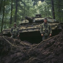 Soldiers with full battle gear and tanks in the battlefield