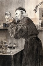 A chemist in a smock and skull cap pouring a liquid from a bottle