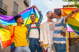 Lifestyle of homosexual friends having fun at gay pride party in the city