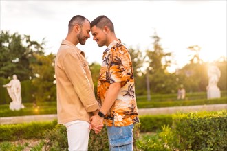 Romantic portrait of gay couple looking at each other at sunset in a park in the city