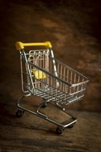 Empty metal miniature shopping cart on a brown background
