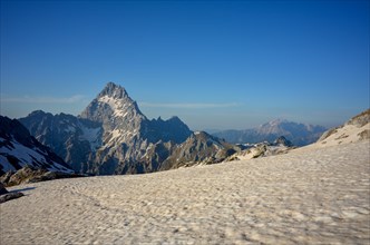 The summit of the Watzmann from the south in early summer with old snowfields