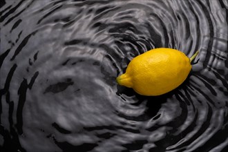 Lemon in the water with waves around black background and copy space