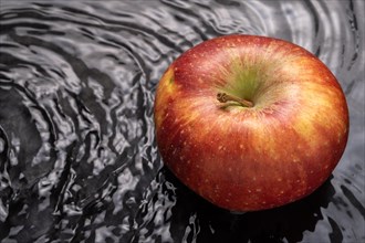 Close-up of red apple in water with waves and copy space