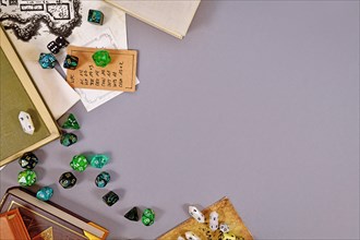 Tabletop roleplaying flat lay with RPG and game dices