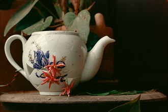 Broken porcelain tea kettle decorated with flowers