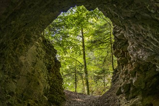 Tunnel in the rock on the hiking trail around the Lac des Moron reservoir between Switzerland and France
