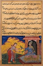 The woman of the vizier's son brings the magical wooden parrot to her lover