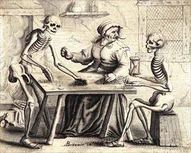 Old Woman with Two Skeletons at the Table