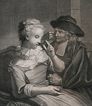 A young blind woman gives a sum of money to a clergyman while he looks through his glasses