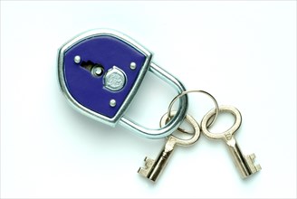 Blue padlock with two keys