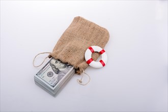 Life preserver placed on the banknote bundle of US dollar