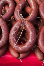 Traditional Turkish style dried sausages in view
