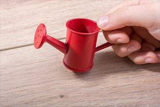 Little red color watering can in hand