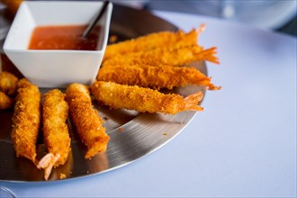 Shrimp or prawn battered with breadcrumb dough at an event at the buffet