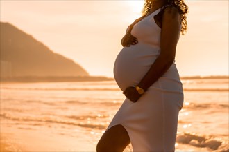 Pregnant maternity latin woman on the beach at sunset