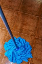 Top view of a blue mop mopping the floor