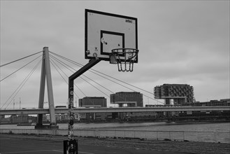 View over the Rhine with basketball hoop in the foreground