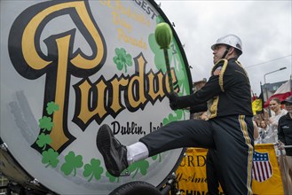 Great power and strength before the St Patrick's Day parade by a member of the Purdue University group from America