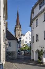View through Obertorstraße to the Minster Tower in the old town of Radolfzell on Lake Constance