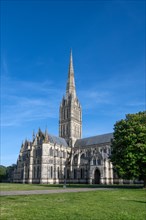 Salisbury Cathedral in Gothic architectural style seen from the north-east