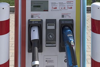 Detail of an electric charging station for e-cars on the A6 at a rest area