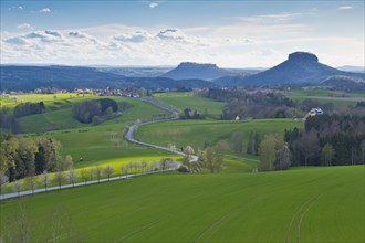 Spring in Saxon Switzerland at Adamsberg with view of Lilienstein and Königstein Fortress