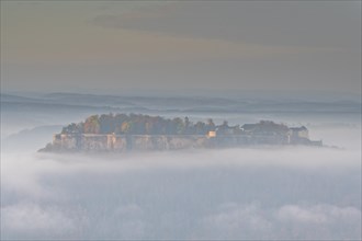 Königstein Fortress above the morning mist at sunrise in Saxon Switzerland