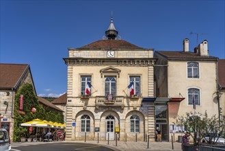 The Town Hall in Quingey and the River Loue