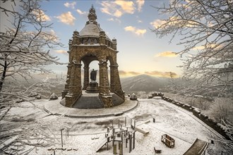 Kaiser Wilhelm Monument in Winter Snow Morning Atmosphere Porta Westfalica Germany