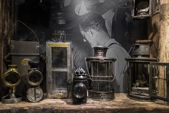 Collection of trench lanterns and portable kerosene lamps of First World War One tunnelling companies in the Memorial Museum Passchendaele 1917 at Zonnebeke