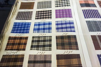 Page in old textile sample book showing chequered fabric samples with different weaving patterns and colour combinations