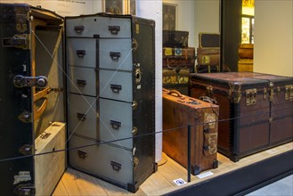 Vintage suitcases and emigrants' travel trunks of the early 1900s in the Red Star Line museum in the port of Antwerp