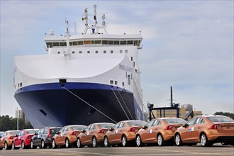 Vehicles from the Volvo Cars assembly plant waiting to loaded on the roll-on roll-off