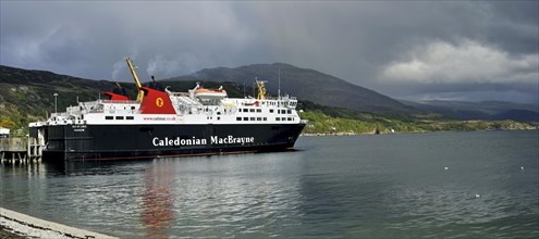 Caledonian MacBrayne Ferry at Ullapool pier with destination Stornoway