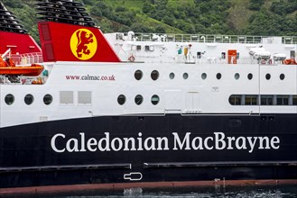 Caledonian MacBrayne ferry boat at Ullapool pier with destination Stornoway