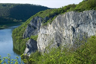 The rock face of Freyr used to practice rock climbing and mountaineering along the river Meuse near Dinant