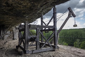 Medieval hoisting crane at the fortified troglodyte town La Roque Saint-Christophe