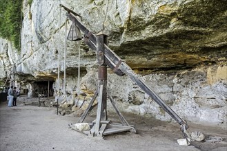Medieval wooden derrick at stone quarry of the fortified troglodyte town La Roque Saint-Christophe