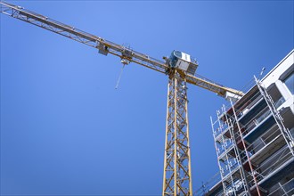 A crane rises into the blue sky above a construction site