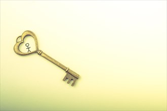 Tiny stick man and heart shaped key on white