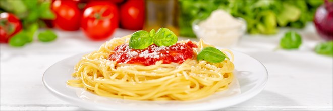 Spaghetti eat Italian pasta lunch dish with tomato sauce Panorama in Stuttgart