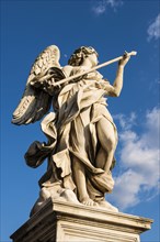 Beautiful Angel Statue on Bridge Sant'angelo Against Blue Sky and the Moon in Rome