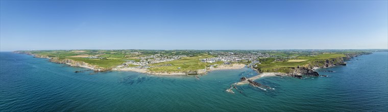 Aerial panorama of the coastline of Bude Bay