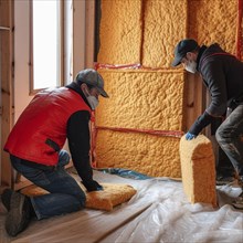 Craftsmen insulate a house with insulating material