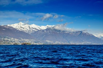 Alpine Lake Maggiore with Brissago Islands and Snow-capped Mountain in Ticino
