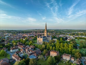 Aerial view of the city of Salisbury with Salisbury Cathedral