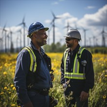 An architect and an engineer plan and inspect a wind farm